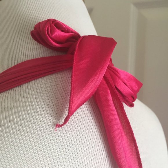 Fuchsia Pink Halter Satin Prom Dress - Picture 11 of 13